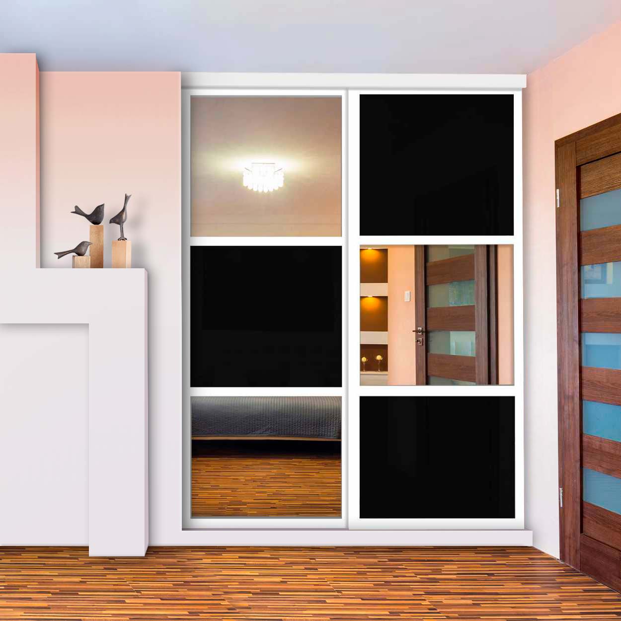 Puerta De Closet Con 2 Paneles - Vidrio Pintado Negro Y Espejo BMSC-2137